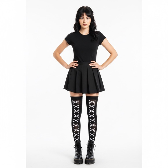 Happy Halloween Knee High Socks 🎃 Black & White Crossbones Adult Costume - Picture 1 of 8